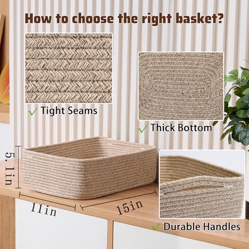 MiniArk Large Shallow Organizing Baskets 15x11x5.1 Inches - Rope Woven Storage Bins for Bathroom, Shelves, Cube Closet, Mixed Brown 3 Packs - color: Natural, size: 3pcs-L15×W11×H5.1"