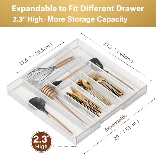 Sedegn Silverware Organizer Metal Mesh, Large Drawer Organizer, Utensil Cutlery Tray for kitchen drawers, Expandable Flatware Organizer with 8 Compartment White 11.6"~20" x 17.3" - color: White, size: Expandable 11.6"~20" x 17.3"