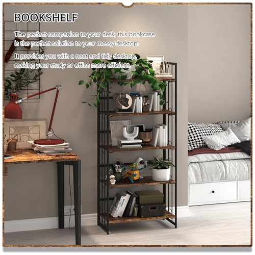 4NM No Assembly 5 Tiers Folding Bookshelf, 59.4" H Foldable Storage Shelves Vintage Bookcase Standing Racks Study Organizer Home Office - Rustic Brown Black - color: Rustic Brown Black, size: 5-Tier