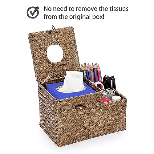 Sumnacon Tissue Box Cover Square Tissue Box Woven Seagrass Tissue Box Holder with Side Organizer, Rustic Tissue Holder for Living Room Bathroom Bedroom Kitchen Office Table Desk, Coffee - color: Coffee