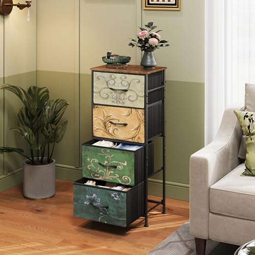 WLIVE Dresser with 4 Drawers, Storage Tower, Organizer Unit, Fabric Dresser for Bedroom, Hallway, Entryway, Closets, Vintage Furniture with Sturdy Steel Frame, Wood Top, Pull Handle, Floral Painted - color: Floral Painted