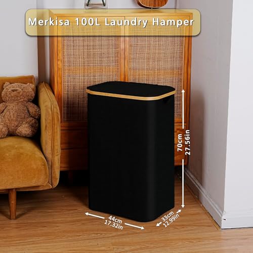 100L Laundry Hamper with Lid, Lagre Basket with Bamboo Handles,Foldable Clothes Hamper Tall Dirty Laundry Basket for Clothes Toys Towels Organizing,Black - color: Black, size: 100L with lid