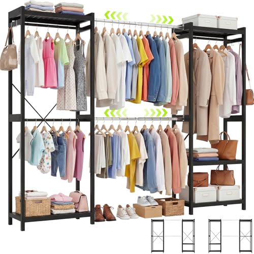 Homykic Bamboo Closet System, 71"-91" Expandable Clothing Rack with 5 Hanger Rods & Shelves, 6.6ft Tall Garment Rack Organizer for Walk-in Closet Bedroom, Max Load 850LBS, Easy to Assemble, Black - color: Black, size: 91"Wx14.2"Dx79"H