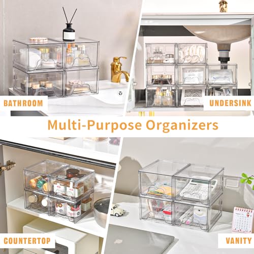 Stebopum 8 Pack Stackable Makeup Organizer, 4.4'' Tall Acrylic Bathroom Makeup Organizer and Storage Drawer with Pull-out Handle, Clear Plastic Storage Bins for Vanity,Pantry,Desk,Undersink,Kitchen - style: 8pack Small