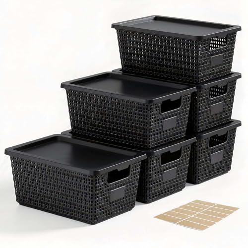 Storage Bins with Lids | Plastic Storage Baskets with Lids for Office Organization,Stackable Organizing Bins with Latching Design, Easy-Clean Boxes for Home, Office, Toys & Classroom Supplies, 6 packs - color: Black