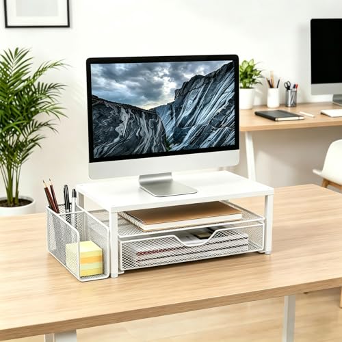 Spacrea Desk Organizer and Accessories, Computer Monitor Stand Riser with Drawer and 1 Open Pen Holder, Printer & Laptop Stand, Office Desk Accessories for Home Office Supplies (White) - color: White - Metal Drawer