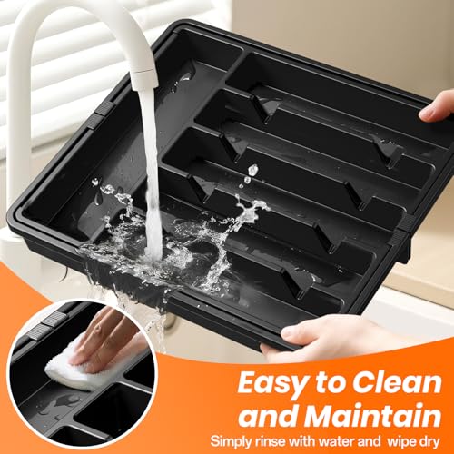 RoomHacks Large Silverware Organizer,Expandable Utensil Drawer Organizer,BPA Free Utensil Holder,Adjustable Silverware Tray Cutlery Drawer Organizer for Kitchen Flatware,Large,Black (6-8 Slots) - color: Black