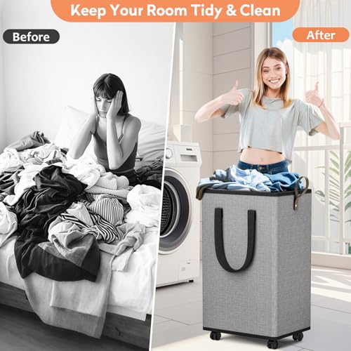 SpaceTrove Laundry Basket with Wheels, Collapsible Laundry Baskets, Laundry Hamper with Handles Detachable Wheels, Rolling Laundry Basket, Dirty Clothes Hamper for Bathroom, Dorm, Bedroom, Grey, 80L - color: Grey, size: 80L