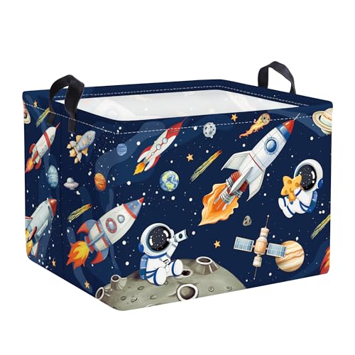 Space Rockets Laundry Hamper Cartoon Astronaut Large Storage Basket Planet Collapsible Parents Organizer Boys Clothes Toy Bins for Bedroom, Bathroom, Blue, 36L - color: Blue, size: 36L