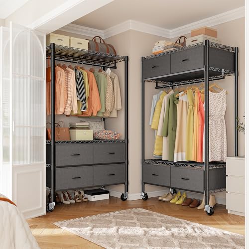 Raybee Clothes Rack Heavy Duty Clothing Rack with Rolling Wheels & 4 Drawers, Clothing Racks for Hanging Clothes with Drawers, Black - color: Black, style: Clothes Rack with Wheels