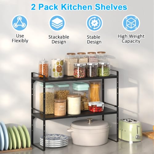 15.5 to 25.5 Inch Expandable Kitchen Cabinet Organizer Shelf, 2 Pack 30 LBS Heavy Duty Adjustable Kitchen Counter Storage Shelves Organizers,Stackable Small Storage Shelf Rack For Cabinet Cupboard - color: Black, size: 2 Pack:15.5"-25.5"Long