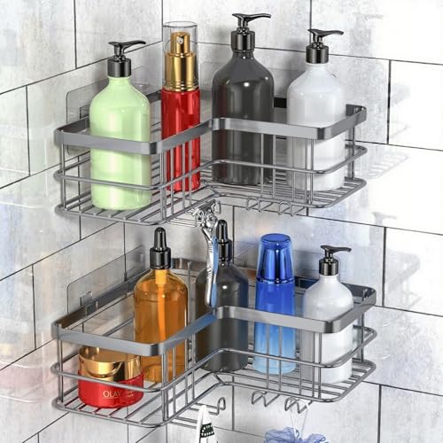 Yazoni Corner Shower Caddy, Adhesive Shower Shelves No Drilling [2-Pack], Rustproof Stainless Steel Bathroom Shower Organizer with 8 Hooks - color: Silver Grey, size: 2 Pcs