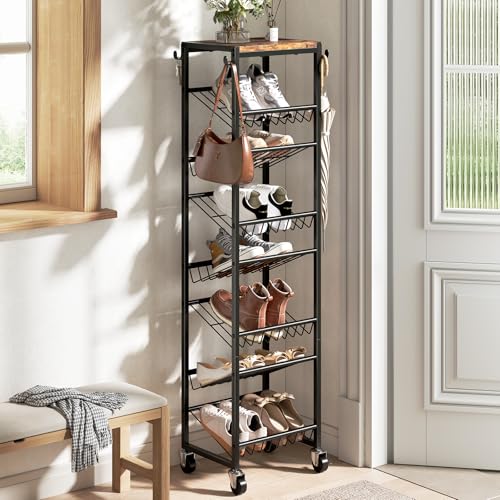 8 Tier Rotating Vertical Shoe Rack Tower, Wooden Tall Shoe Storage Organizer with Hooks, Sturdy Metal Narrow Shoe Shelf for 8-16 Pairs, Space Saving Rack for Closet Entryway, Rustic Brown - size: 8-tier(13.9 × 11.2 × 52.0)