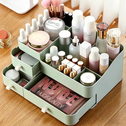 MIUOPUR Makeup Organizer with Drawers, Bathroom Counter Organizer, Plastic Cosmetic Display Case, Large Skincare Storage for Vanity Countertop, Ideal for Bedroom Dresser top and Desktop - color: Fresh Green