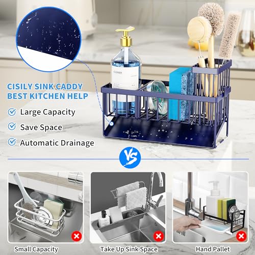 Cisily Navy Blue Sink Caddy Organzier with High Brush Holder, Sponge Holder for Sink, 304 Rustproof Stainless, Kitchen Countertop Soap Dispenser Organizer, Gray Blue Kitchen Decor and Accessories - color: Navy Blue, size: 9.25″