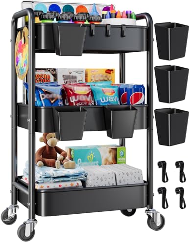 3 Tier Rolling Cart Metal with Wheels, Black Three Tiered Art Cart Organizer on Wheels, Storage Utility Trolley Carts for Kithcen, Craft, Nail, Lash, Makeup, Salon,Bedside, Bathroom, Office, Snack - color: Matte Black, size: 3-Tier + Cups + Hooks