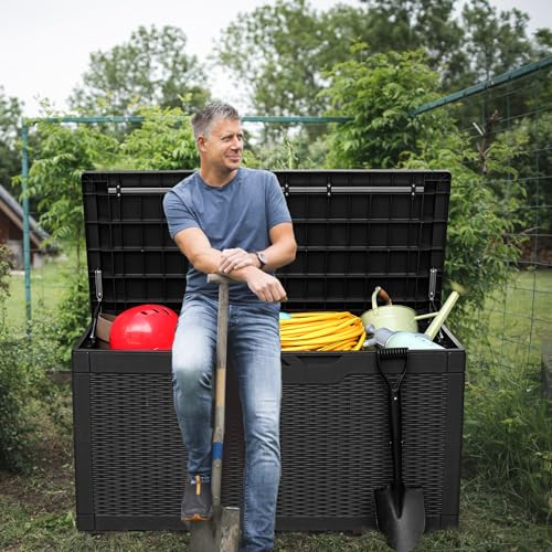 Greesum 100 Gallon Resin Deck Box Large Outdoor Storage, Imitation Rattan Weave Texture for Patio Furniture, Garden Tools, Pool Supplies, Weatherproof and UV Resistant, Lockable, Dark Black - color: Dark Black, size: 100 Gallon
