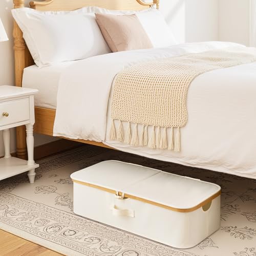 StorageWorks Underbed Storage Box with Bamboo Frame, 42L Flip-Top Under Bed Container for Blankets, Bed Sheets, Coverlets and Towels, Beige - color: Beige, size: 1