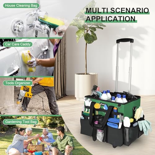 Large Rolling Cleaning Caddy Bag with Wheels, Cleaning Bag with Detachable Trolley, Cleaning Bags on Wheels for Housekeepers, Cleaning Cart Supplies Organizer for Home, Car, Picnic (Green) - color: Green