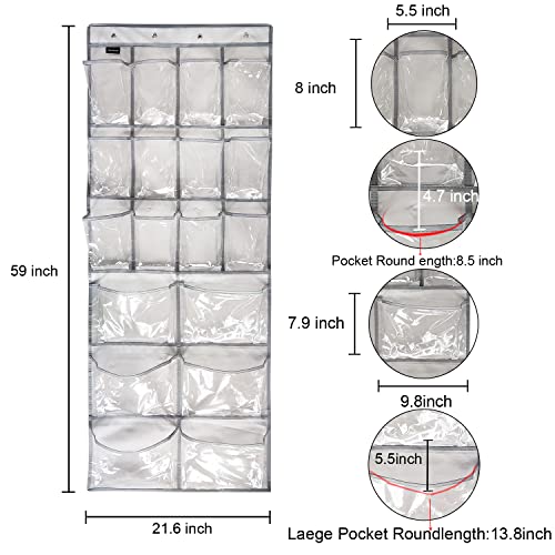 2 Pack Extra Large Hanging Crystal Clear Over Door Shoe Organizers, Closet Shoe Rack Organizer, 12+6 Pockets, 8 Hooks, Grey (59" x 21.6") - color: A-Grey&Clear