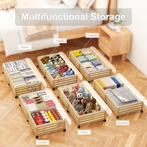 Under Bed Storage Containers With Wheels - 2 Pcs Large Bamboo Wood Rolling Underbed Shoe Storage Bins With Dust Bags for Clothes Blankets, Duvet Covers Snacks Toys (Natural) - color: Nature, size: L