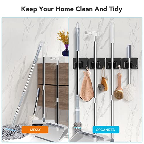 homeasy Mop Broom Holder No Drill, Mop Broom Organizer Wall Mounted Heavy Duty with Hooks Hanger, Self Adhesive Stainless Steel 4Pcs for Bathroom, Kitchen, Office (Multicolor) - color: Black Mix