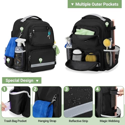 HODRANT Cleaning Backpack with Bottom Plate & Waterproof Bottom, Large Supplies Bag with Multiple Pockets for Housekeeping Tools, Cleaning Products Caddy Organizer for Home & Car
