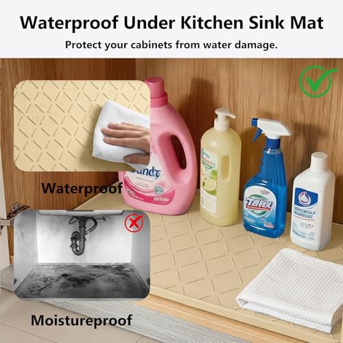 Mateeylife Under Sink Mats for Kitchen Waterproof 31"X22", Undersink Protectors，Silicone Mat Cabinet Liner, Under Sink Organizer for Bathroom and Kitchen，Boot Tray Pet Food Mat, Khaki - color: Khaki, size: 22''W x 31''L