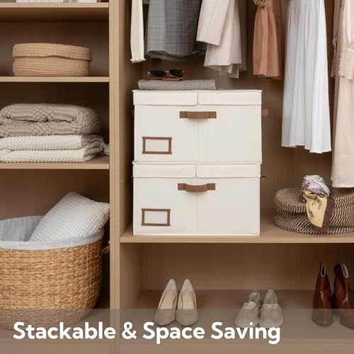 StorageWorks Large Clothes Storage Bins, Fabric Boxes with Divider Board, Baskets for Clothes, Linen Closet Organizers with Lid, Ivory White, 2-Pack - color: Ivory White, size: Large