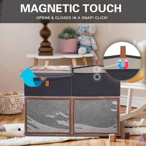 2 Pack Large Toy Storage Box with Clear Lids Collapsible Toys Chest Organizer Bin Basket with Adjustable Dividers for Kids Boys Girls Living Room Nursery Playroom Closet Black and Grey - color: Black and Grey, size: 2 Pack