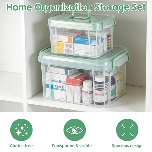 2 Pack Clear Medicine Organizer Box with Handle Thickened Plastic Medicine Cabinet with Tray First Aid Box Empty Multipurpose Medical Container Medication Caddy for Home Travel Dorm