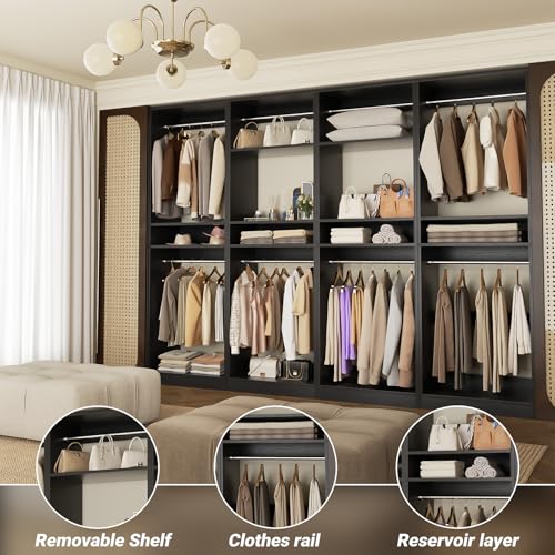 Unikito 100 Inch Large Closet System, 8.3FT Wood Closet Organizer Kit with 8 Hanging Rods, Adjustable Walk in Wardrobe Closet Tower, Sturdy Luxury Clothes Garment Rack, Easy Assembly, Set of 4, Black - color: Black, size: 100 Inch