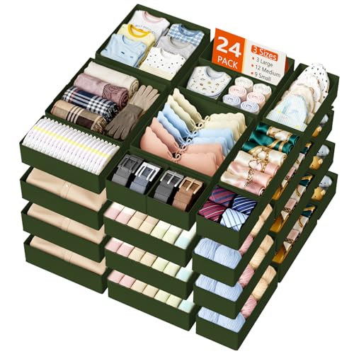 DIMJ Drawer Organizer Clothes - 24 Pack Closet Drawer Organizer Bins for Baby Clothes Storage, Fabric Dresser Organizer for Nursery Bedroom, Foldable Small Drawer Dividers for Underwear Socks - color: Green, size: 24 Pack