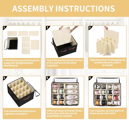 Shoe Organizer for Closet, Foldable Large Shoe Storage Box with Clear Cover, Removable Partitions and Bottom are Supported by Plastic Boards (Black, 20.5“Lx16.9 Wx13'H) - color: Black