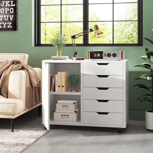 DUMOS 5 Drawer File Cabinet Office Drawers Organizer with Wheels Rolliing, Under Desk Cabinets with Shelves and Door Printer Stand with Wood Board Metal Frame for Home Office Storage Craft Room, White - color: White