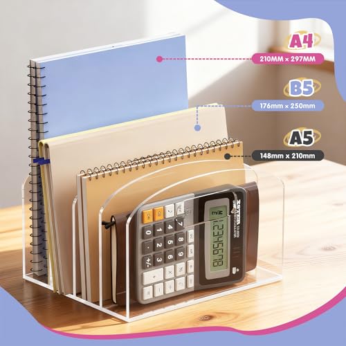Jumyee Acrylic Desk File Organizer, 4-Section Clear File Folder Organizer for Desk, Vertical File Sorter with Handles, Desktop Organizer for Home, Office, School, Classroom - size: 4 Sections Portable