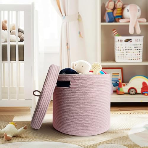 Storage Basket with Lid, Woven Blanket Storage for Living Room, Soft Cotton Rope Bin with Lid, Round Wicker Laundry Basket with Cover, Lidded Kid Dog Toy Box, Nursery Organizer, 15"x13", Pink - color: Pink