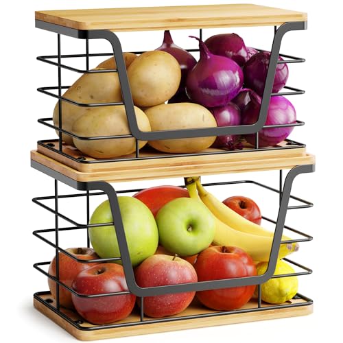 ALOCEO 2 Pack Large Garbage Bag Dispenser for 13/30/33 Gallon Bags, Potato and Onion Storage Baskets with Bamboo Lid, Stainless Steel Stackable Storage Bins for Kitchen Laundry Pantry Room - color: 2-pack - Xl&l Bamboo Bottom Black