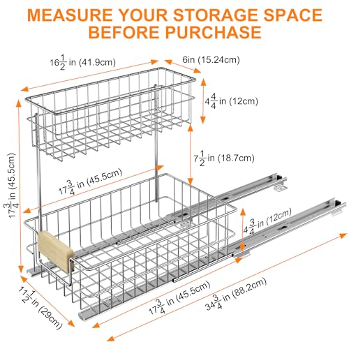 ROOMTEC Pull Out Cabinet Organizer Under Sink Slide Out Storage Shelf with 2 Tier Sliding Wire Drawer, Sliding Storage for Inside Kitchen Cabinet- 11½ in. W x 17¾ in. D (Left) - color: 11.5"W*18"D(Wood Handle-Left)