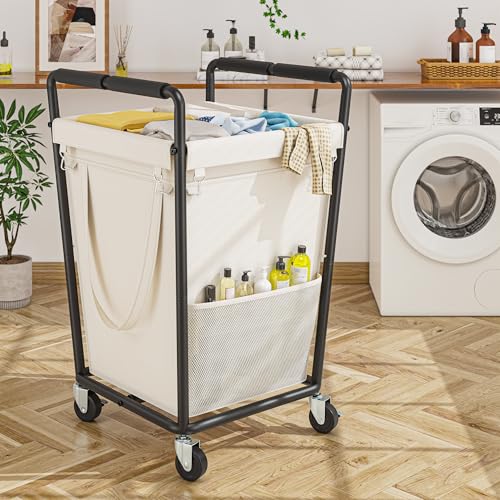 180L Laundry Basket with Wheels & Handles, Laundry Cart with Removable Bag & Metal Frame for Clothes Storage, Hamper with Wheels for Laundry Room, Bathroom, Dorm, Home, Closet (Beige) - color: Beige, size: 180L