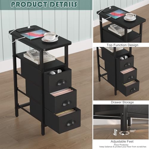 sthmec End Table with Charging Station,Narrow Side Tables with USB Ports and Outlets,Skinny Bedside Tables with 3 Drawers,Small Tables Nightstands for Small Space,Slim Sofa Table for Livingroom,Black - color: Black, size: 7.88'' W*15.75'' D*24.3'' H, styl