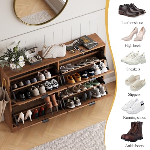 Shoe Cabinet Storage for Entryway with 4 Flip Drawers, Walnut Fluted Shoe Cabinet with Adjustable Shelves, Wooden Hidden Shoe Rack Freestanding Narrow Slim Shoes Storage for Hallway, Entrance - color: Walnut, size: 4 Drawer