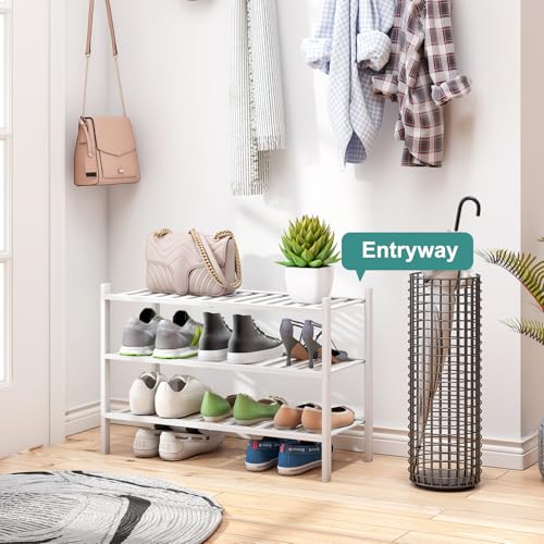 viewcare White Shoe Rack, 3-Tier Bamboo Wood Shoe Rack for Closet, Entryway & Hallway, and Stackable Shoe Shelf Storage Organizer for Indoor and Outdoor - color: White, size: 3-Tier
