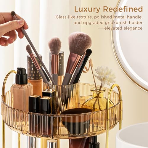 360° Rotating Makeup Organizer, Upgraded 2 Tier Skincare Perfume Organizers for Women, Bathroom Organizer Countertop, Clear Cosmetic Dresser Organizer with Makeup Brush Holder, Sink&Counter(Amber) - color: Gold, size: 2 Tier