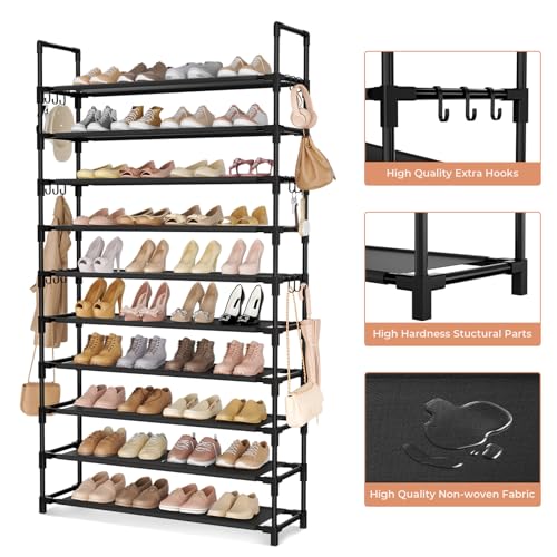 LANTEFUL Tall Shoe Rack 10 Tier Shoe Organizer Large Shoe Shelf with 18 Hooks Storage for 50 Pair, Stackable Vertical Shoe Rack Organizer for Closet, Entryway, Bedroom - color: Black, size: 10 Tier-68" High-34" Wide