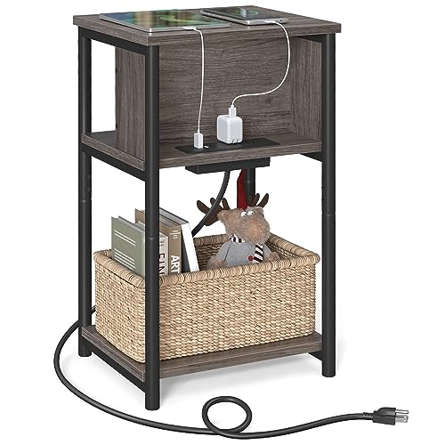VASAGLE Side Table with Charging Station, 3-Tier End Table with USB Ports and Outlets, Nightstand for Living Room, Bedroom, 11.8 x 13.4 x 22.8 Inches, Plug-in Series, Chestnut Brown and Black - color: Chestnut Brown + Black