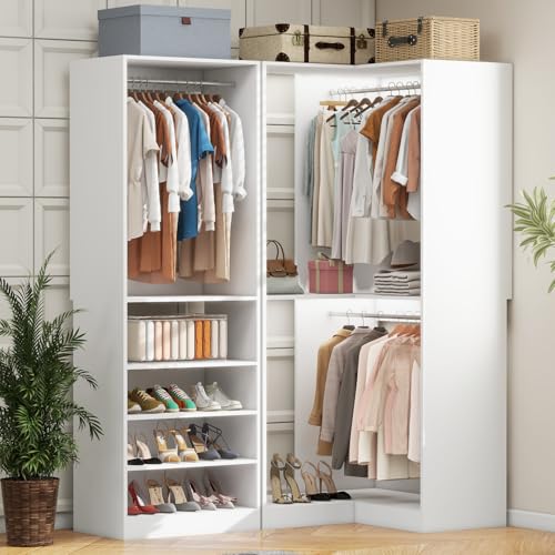 Closet System with 2 Sets, 5FT-10FT Closet Organizer System with 5 Hanging Rods& Adjustable Shelves, Corner Walk in Closet Free Standing Closet System, Modular Closet System, White