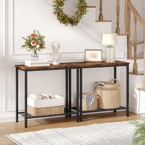 Hoctieon 2 Tier End Table, Sofa Side Table, Narrow Side Table with Storage, Slim Nightstand for Small Spaces, Metal Frame, for Living Room, Bedroom, Sofa Couch, Hall, Rustic Brown - color: Brown, size: 1 Pack