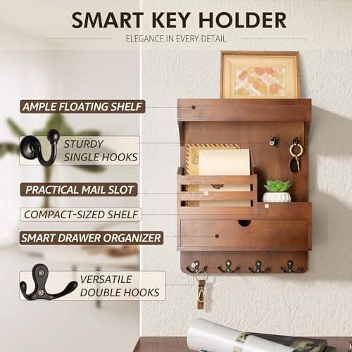 Rebee Vision Farmhouse Key Holder Wall Mount with Drawer Organizer – Pine Wooden Mail and Key Organizer for Wall with 6 Sturdy Hooks & Floating Shelf – Perfect for Retro Living Room Decor (Brown) - color: Brown, style: Large Drawer