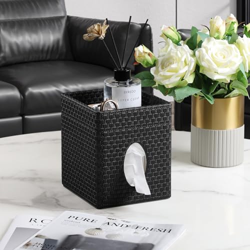 Square Tissue Box Cover, Stylish Leather Tissue Box Holder with Storage Tray, Decorative Tissue Rack Storage Box for Living Room, Bedroom, and Office Desk(Black Woven Pattern) - color: Black Woven Pattern